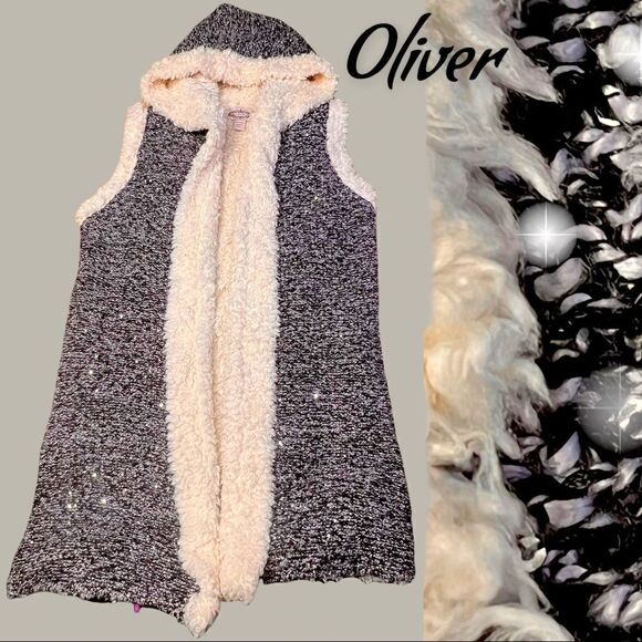Woman’s Oliver Open Sherpa Lined Knit Vest L Black sparkle accents Reversible - Picture 1 of 11